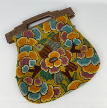 Load image into Gallery viewer, Original 1920’s Crewel Work Wool Bag with Birds and Flowers - Pretty Carved Wooden Handles