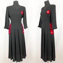 Load image into Gallery viewer, 1940s Black Crepe Dress with Red Velvet Trim and Paste Detail - Bust 36 37 38