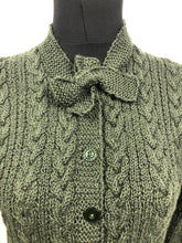 Load image into Gallery viewer, Reproduction 1930s Green Cable Knit Cardigan with Bow Neck Tie - B35 38