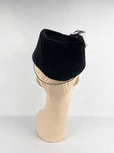 Load image into Gallery viewer, Original 1940s Black Velvet Military Inspired Hat with Paste and Feather Trim