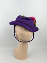 Load image into Gallery viewer, Original 1940s Rich Purple Felt Hat with Cerise Pink Velvet Flower Trim *