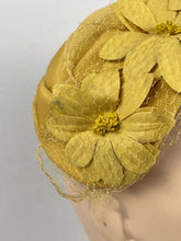 Load image into Gallery viewer, Original 1950’s Half Hat in Yellow Ochre Grosgrain - Pretty Net and Flower Trim - Perfect for Autumn *