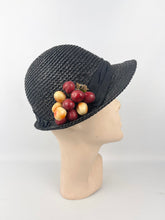 Load image into Gallery viewer, Original 1930s Black Straw Cloche Hat with Charming Cherry Trim