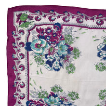 Load image into Gallery viewer, Original 1940's or 1950's Beautiful Floral Silk Crepe Hanky in Magenta, Turquoise, Blue and Green on White - FREE UK P&P