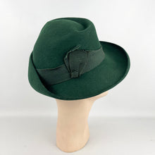 Load image into Gallery viewer, Original 1930's or 1940's Forest Green Felt Fedora with Neat Side Trim - Great Vintage Hat