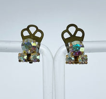Load image into Gallery viewer, Tiny Vintage Aurora Borealis Triple Stone Clip-on Earrings