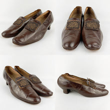 Load image into Gallery viewer, Original 1920s or 1930s Brown Leather Shoes with Beaded Trim - UK Size 6 6.5