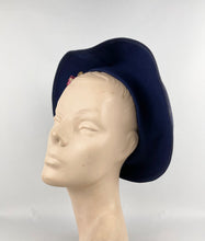 Load image into Gallery viewer, Stunning Original 1930s Blue Felt Bonnet Hat with Floral Trim