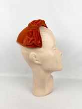 Load image into Gallery viewer, RESERVED Original 1950’s Rust Cotton Velvet Half Hat with Double Bow Trim - Perfect for Autumn