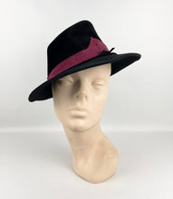 Load image into Gallery viewer, Original 1930's Black Fur Felt Fedora with Burgundy Coloured Suede Trim *