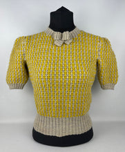 Load image into Gallery viewer, Reproduction 1940's Waffle Stripe Jumper in Parchment and Mustard Knitted from a Wartime Pattern - B 34 36 38