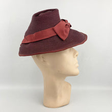Load image into Gallery viewer, Original Late 1930s Burgundy Straw Hat with Large Grosgrain Bow Trim