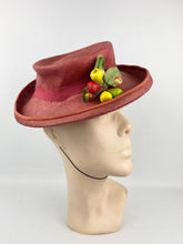 Load image into Gallery viewer, Original 1940s Rusty Red Summer Straw Hat with Fruit and Leaves Trim