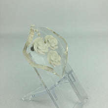 Load image into Gallery viewer, Original 1940s 1950s Reverse Carved Lucite Brooch with Curved Edge and Triple Rose Carving
