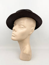 Load image into Gallery viewer, Original 1930s Chocolate Brown Lacquered Straw Hat With Cream Grosgrain Trim