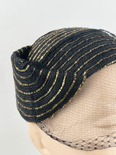 Load image into Gallery viewer, Fabulous Original 1950's Black Straw Cocktail Hat with Gold Trim and Net - Perfect Evening Hat