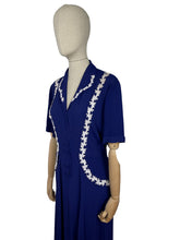 Load image into Gallery viewer, Original 1940's French Navy Crepe Day Dress with White Applique Trim - Bust 44
