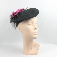 Load image into Gallery viewer, Original 1940's Black Fine Sisal Hat with Wonderful Pink Flower and Flocked Net Trim