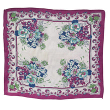 Load image into Gallery viewer, Original 1940's or 1950's Beautiful Floral Silk Crepe Hanky in Magenta, Turquoise, Blue and Green on White - FREE UK P&P
