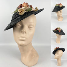 Load image into Gallery viewer, Original 1930's Black Straw Hat with Charming Faded Flora Flower Trim