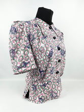 Load image into Gallery viewer, 1940's Reproduction Novelty Print Blouse with Clocks and Clock Hands Made From an Original 1940's Feed Sack - B34 35