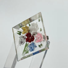 Load image into Gallery viewer, Original 1940s 1950s Reverse Carved Diamond Shaped Lucite Brooch with Cluster of Six Flowers