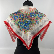 Load image into Gallery viewer, Original 1950's Fine Sheer Silk Scarf with Fabulous Floral Print and Red Border