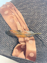 Load image into Gallery viewer, Original 1930s Brown Straw Cloche Hat with Rust Coloured Polka Dot Ribbon Trim and Metal Feather Trim