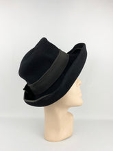 Load image into Gallery viewer, Original 1930s 1940s Inky Black Felt Hat with Wide Brim and Grosgrain Trim