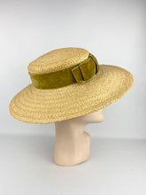Load image into Gallery viewer, Original 1940s Wide Brimmed Straw Hat with Green Velvet Bow Trim