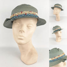 Load image into Gallery viewer, Original 1930's Blue Green Straw Hat with Grosgrain and Glass Bead Trim