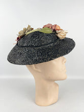 Load image into Gallery viewer, Original 1930's Black Straw Hat with Charming Faded Flora Flower Trim