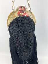 Load image into Gallery viewer, Original 1920's French Made Antique Crochet Bag with Celluloid Frame Decorated with Pierrot, Owls and Musical Instruments