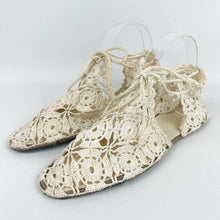 Load image into Gallery viewer, Original 1940's Make Do and Mend Homemade Summer Sandals in Crochet with Ankle Ties - UK size 5