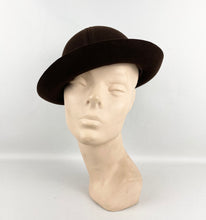 Load image into Gallery viewer, Original 1930's Little Bunty Chocolate Brown Felt Hat with Feather and Grosgrain Trim