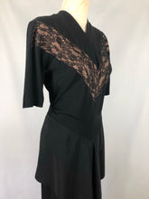 Load image into Gallery viewer, 1940s Black Dress with Lace Overlay and Fishtail Peplum -B38