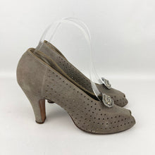 Load image into Gallery viewer, Original 1940's Grey Suede Peep-toe Shoes with Paste Clips and Punch Detail - UK 4