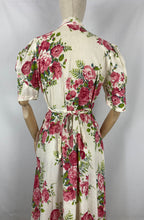 Load image into Gallery viewer, Original 1940s White Hostess Gown with Pretty Pink Rose Print - Great Maxi Dress - Bust 36" 38"