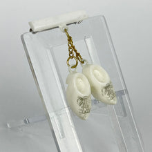 Load image into Gallery viewer, Vintage White Plastic Bar Brooch with Two Little Clogs Hanging - Vintage Dutch Tourist Pin