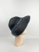 Load image into Gallery viewer, Utterly Charming 1920s 1930s Black Straw Hat with Blue Velvet Trim