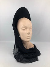Load image into Gallery viewer, Exceptional 1940s Inky Black Felt Hat with Black Chiffon Scarf