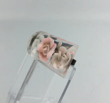 Load image into Gallery viewer, Original 1940s 1950s Rectangular Domed Reverse Carved Lucite Bar Brooch with Roses