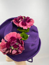 Load image into Gallery viewer, Original 1940s Rich Purple Felt Hat with Cerise Pink Velvet Flower Trim *