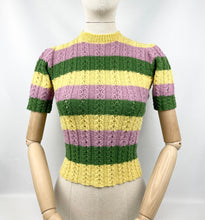 Load image into Gallery viewer, 1950's Reproduction Tri-Colour Cable Hand Knitted Jumper in Pink, Yellow and Green - Bust 30 32