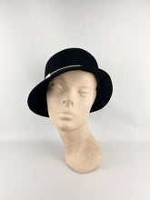 Load image into Gallery viewer, Original 1920’s 1930's Black Felt Cloche Hat With White Metal Faux Buckle Trim *
