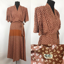 Load image into Gallery viewer, 1940s CC41 Brown and Cream Novelty Print Dress with Bows - B44 46