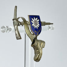 Load image into Gallery viewer, 1940's 1950's White Metal Tyrolean Novelty Brooch with Walking Stick, Boot and Shield