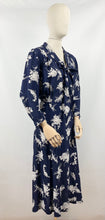 Load image into Gallery viewer, Original 1930s Navy and White Silk Volup Floral Print Dress with Bow Tie Neck - Bust 40 42