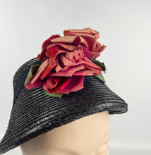 Load image into Gallery viewer, Original Navy Blue Straw Hat by Webflex with Huge Double Rose Trim