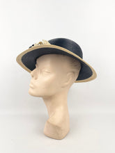 Load image into Gallery viewer, Original 1930s Black and Cream Lacquered Straw Hat with Velvet Floral Trim